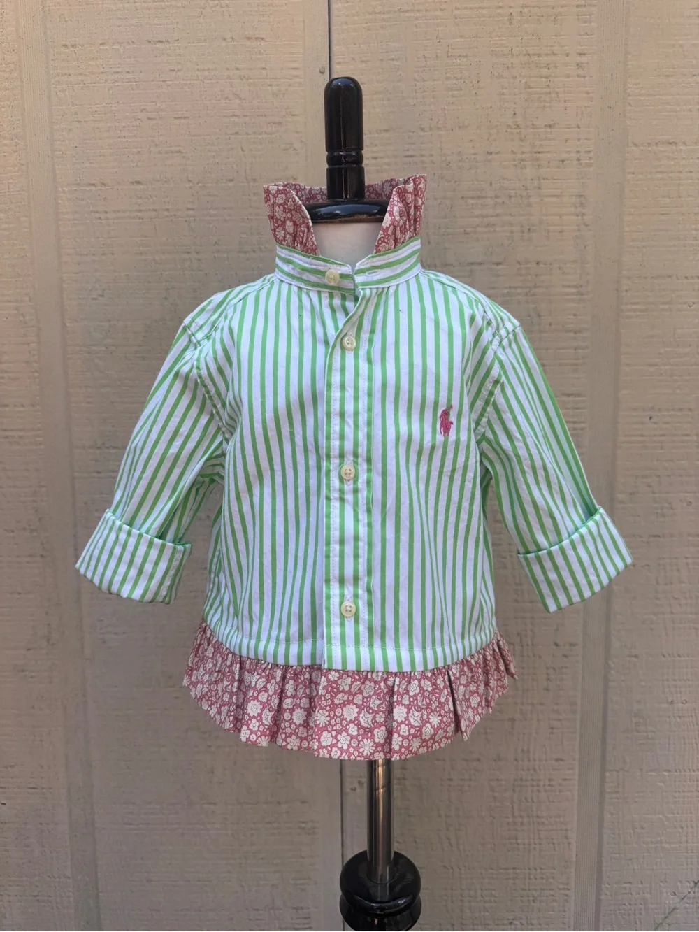 Restyled Ralph Lauren Green Stripe Ruffled Button-Down Kids Shirt w/Pink Logo